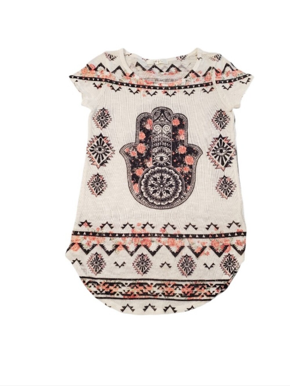 Gage Women's Cream Knit Boho Hamsa Hand Short Sleeve Top Small
